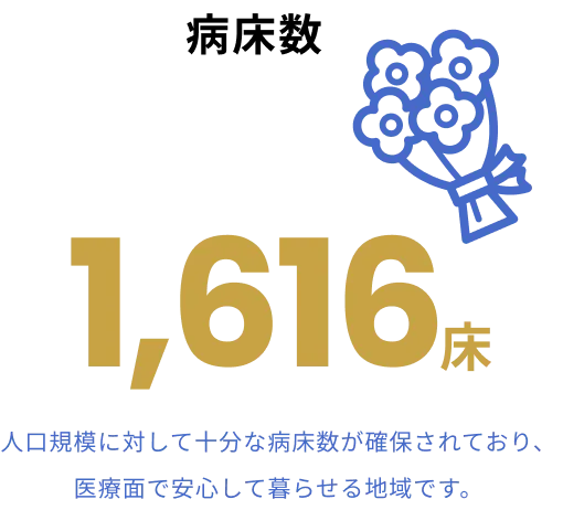 病床数1,616床 人口規模に対して十分な病床数が確保されており、医療面で安心して暮らせる地域です。